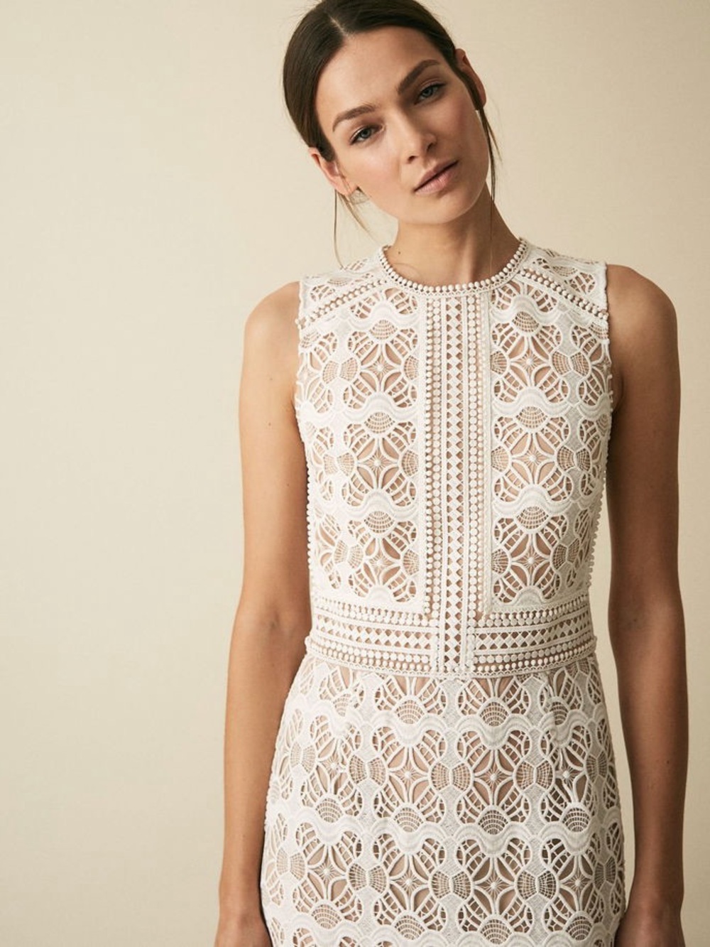 Reiss Coral Lace Slim Fit Midi Dress in white size US 4 NWT - Picture 3 of 14